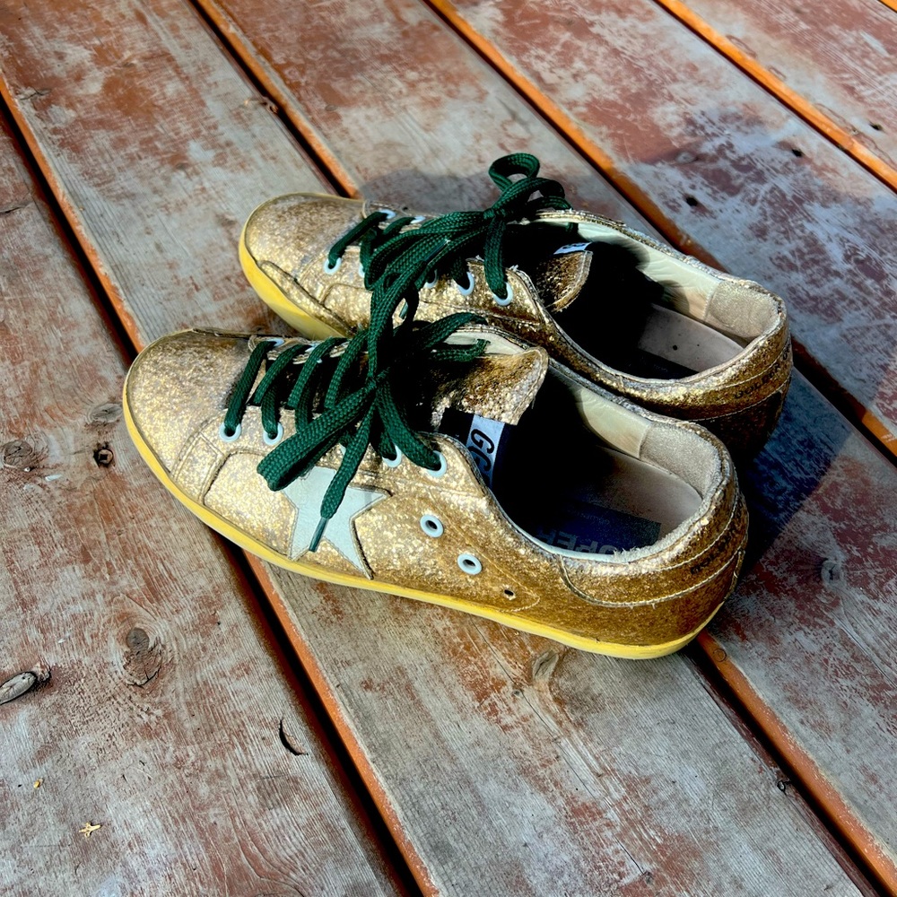 Golden Goose Metallic Gold Sneakers with Dark Green Accents